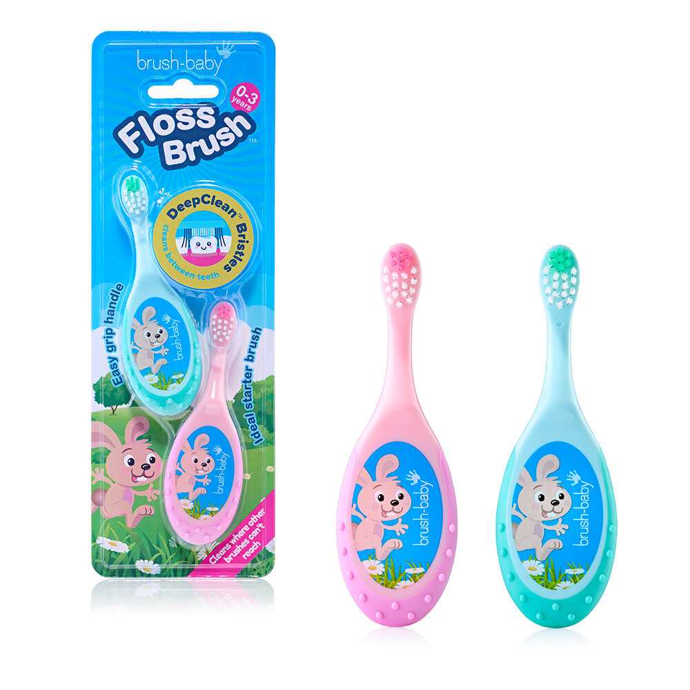 Зубная щетка FlossBrush Brush Baby, для детей от 0 до 3 лет, бирюзовая/розовая, 2шт