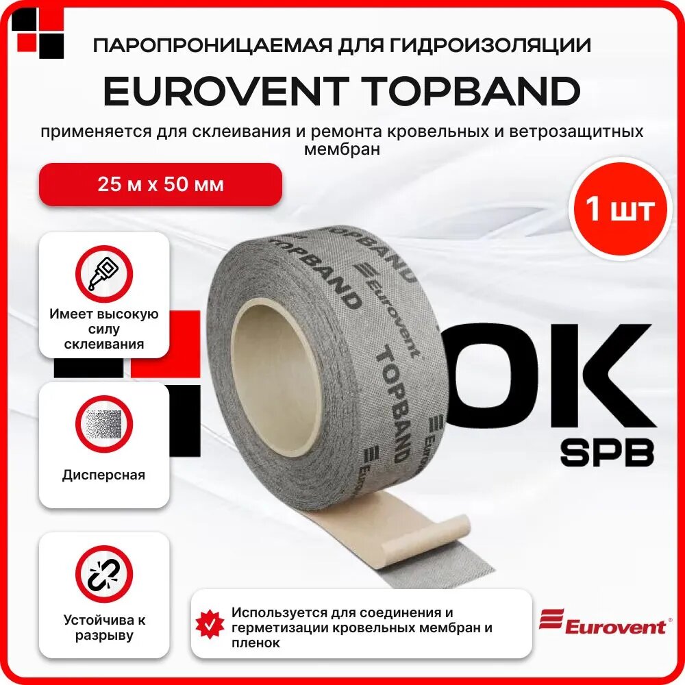 Лента односторонняя паропроницаемая для гидроизоляции EUROVENT TOPBAND 50х25 п. м.