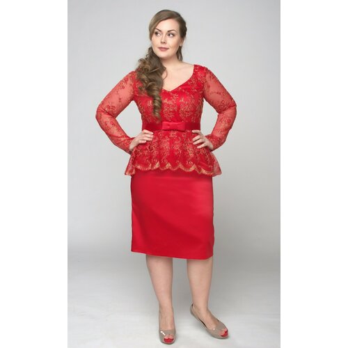 фото Платье-футляр diva-plus, атлас, гипюр, вечернее, прилегающее, размер 52, красный