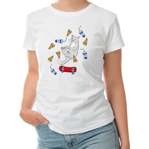 фото Женская футболка «кот на скейтборде» (2xl, белый) roly
