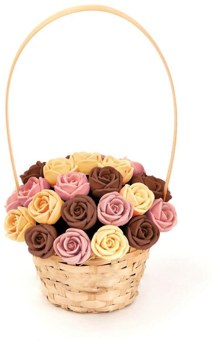 Подарок к пасхе 33 шоколадные розы CHOCO STORY в корзинке - Оранжевый, Розовый и Шоколадный микс из Бельгийского шоколада, 396 гр. K33-ORSH