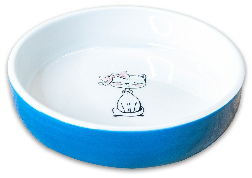 Mr.Kranch миска керамическая для кошек Кошка с бантиком, 370 мл, голубая