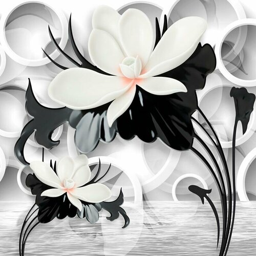 Моющиеся виниловые фотообои Цветы у воды черно-белое 3D, 200х200 см