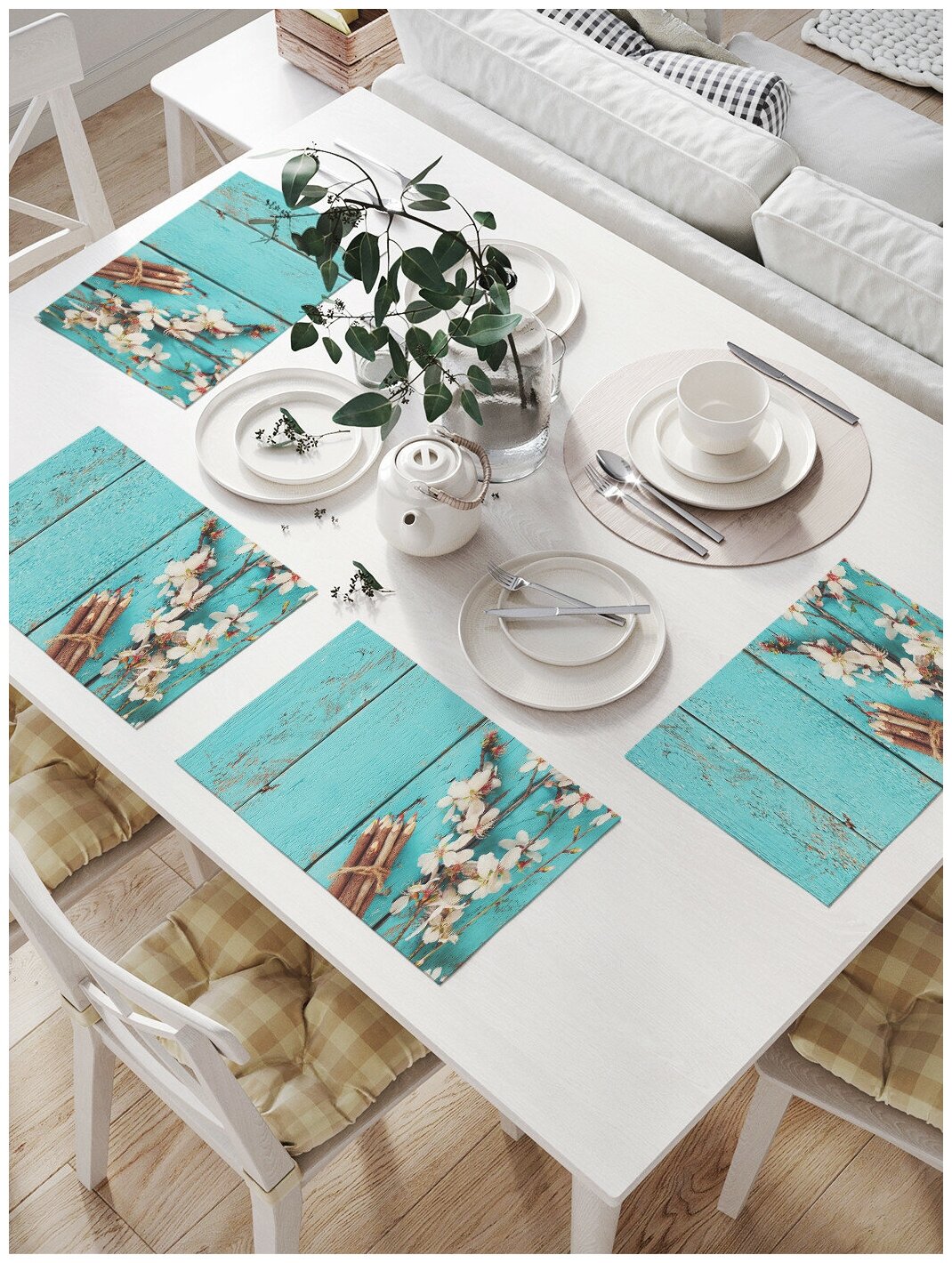 фото Салфетки на стол для сервировки прямоугольные, плейсмат JoyArty "Цветущая ветка на стене", 32x46 см, в комплекте 4шт.