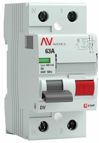 EKF Averes DV УЗО 2P 63А/100мА (A) электромеханическое, rccb-2-63-100-a-av