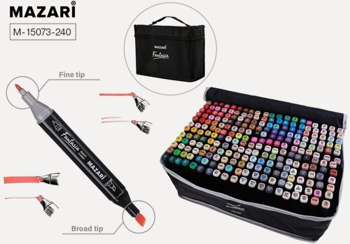 Изображение товара Маркеры для скетчинга двусторонние Mazari Fantasia, 240 цветов (2 маркера-блендера)