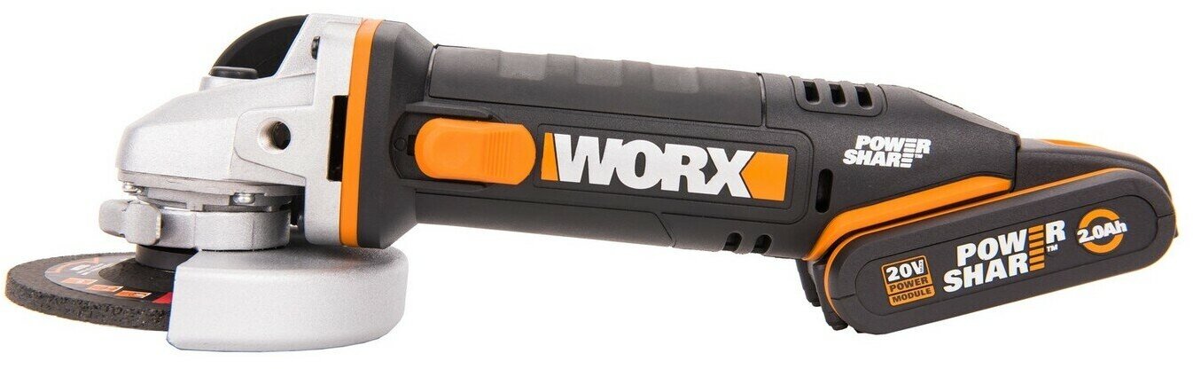 Угловая шлифмашина аккумуляторная Worx WX800, 115 мм, 20 В, АКБ x 2 2,0 А*ч, ЗУ 2,0 A, кейс