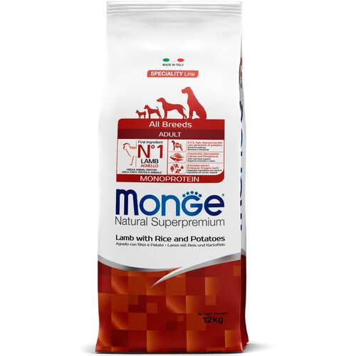 Monge Dog Monoprotein корм для собак всех пород ягненок с рисом и картофелем 12 кг сухой корм для собак monge speciality line утка с рисом с картофелем 1 уп х 2 шт х 12 кг