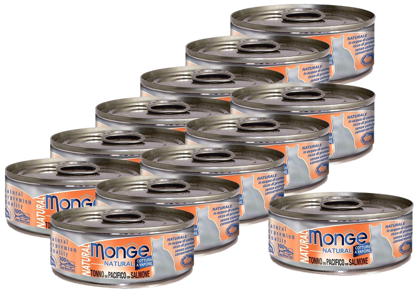 Monge Cat Natural консервы для кошек тихоокеанский тунец с лососем 12шт по 80г - фотография № 1