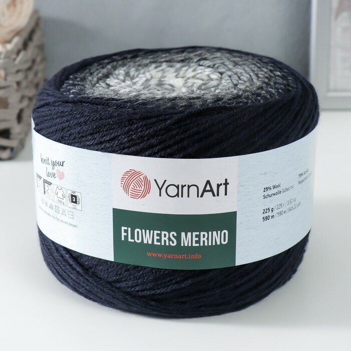 YarnArt Пряжа "Flowers Merino" 75% акрил, 25% шерсть 590м/225г (532 серый-черный)