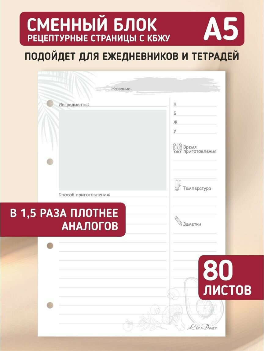 Сменный блок для тетради на кольцах, для ежедневника, блокнота; авторский дизайн "Рецепты", А5, 80 листов, LinDome