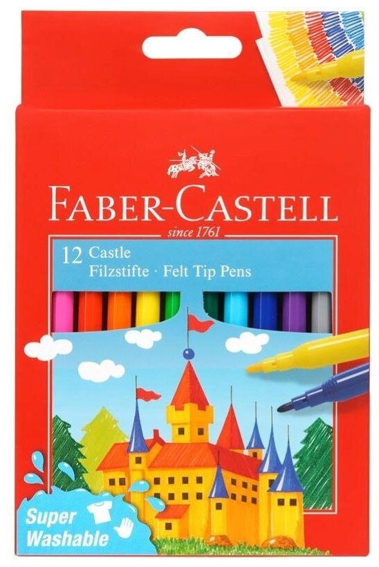 Комплект 6 наб., Фломастеры Faber-Castell Замок, 12цв., смываемые,картон,европодвес,554201