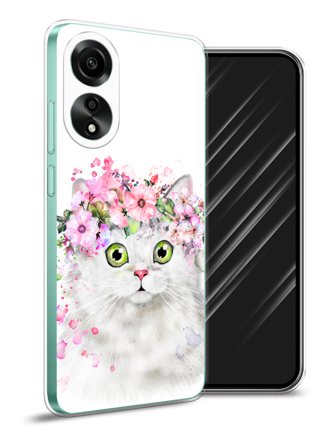 Силиконовый чехол на Oppo A78 4G / Оппо A78 4G "Белая кошка с цветами"