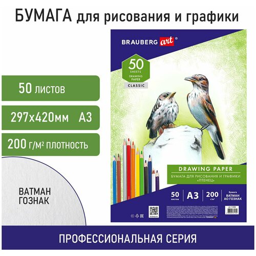 Бумага для рисования и графики А3, 50 л, 200 г/м2, Ватман Гознак, Brauberg Art Classic, 114490