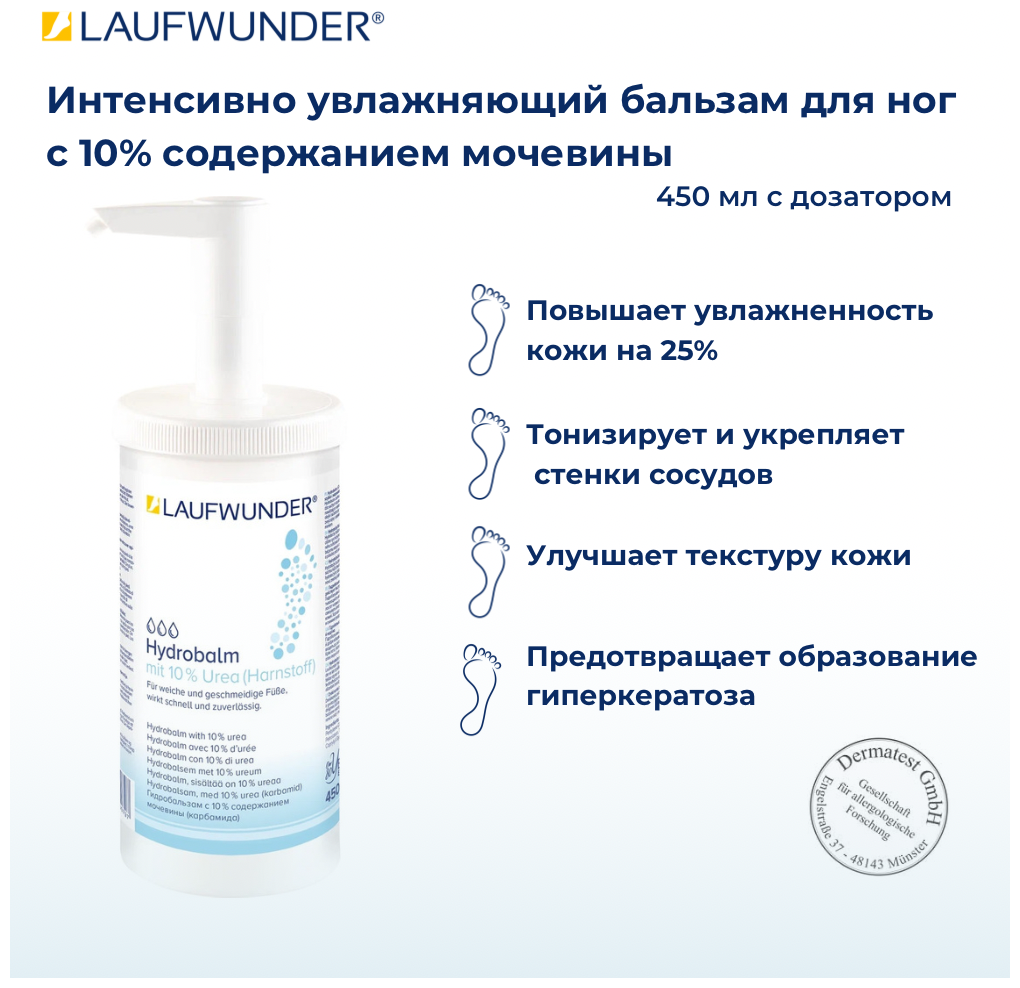 Laufwunder Hydrobalm Urea Бальзам для ног с 10% содержанием мочевины, увлажняющий крем для ног, 450 мл с дозатором