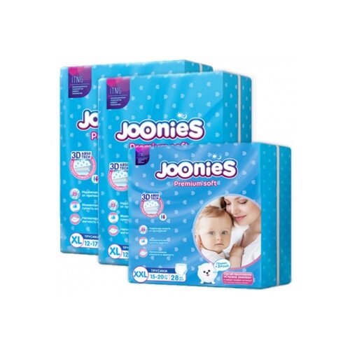 фото Joonies трусики premium soft xl (12-17 кг) 2 х 38 шт. + трусики premium soft xxl (15-20 кг), 28 шт.