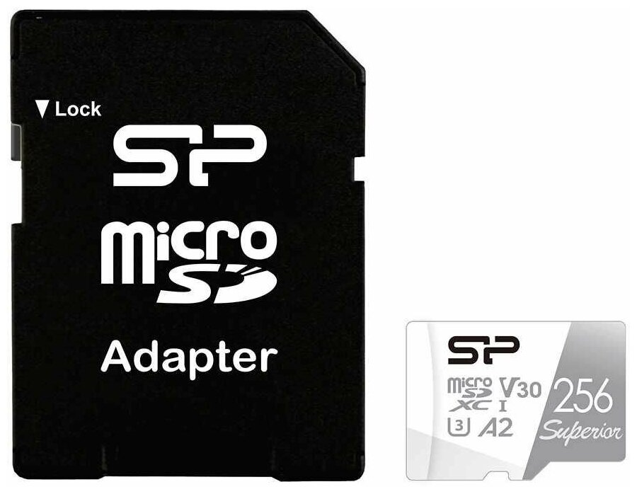 Карта памяти microSDXC UHS-I U3 Silicon Power Superior 256 ГБ, 100 МБ/с, Class 10, SP256GBSTXDA2V20SP, 1 шт, переходник SD