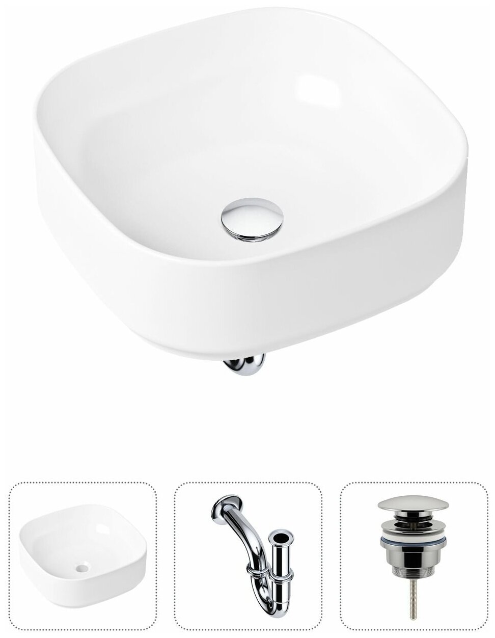 Комплект 3 в 1 Lavinia Boho Bathroom Sink 21520218: накладная фарфоровая раковина 40 см, металлический сифон, донный клапан