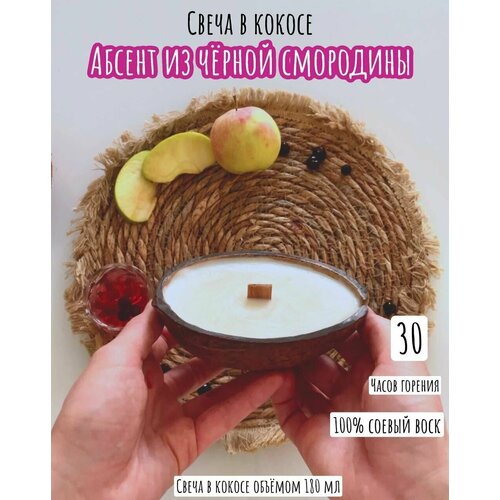 Свеча ароматическая в кокосе с деревянным фитилем, Абсент из черной смородины, Candle Zen, 180 мл, время горения 30 часов, 4х12 см