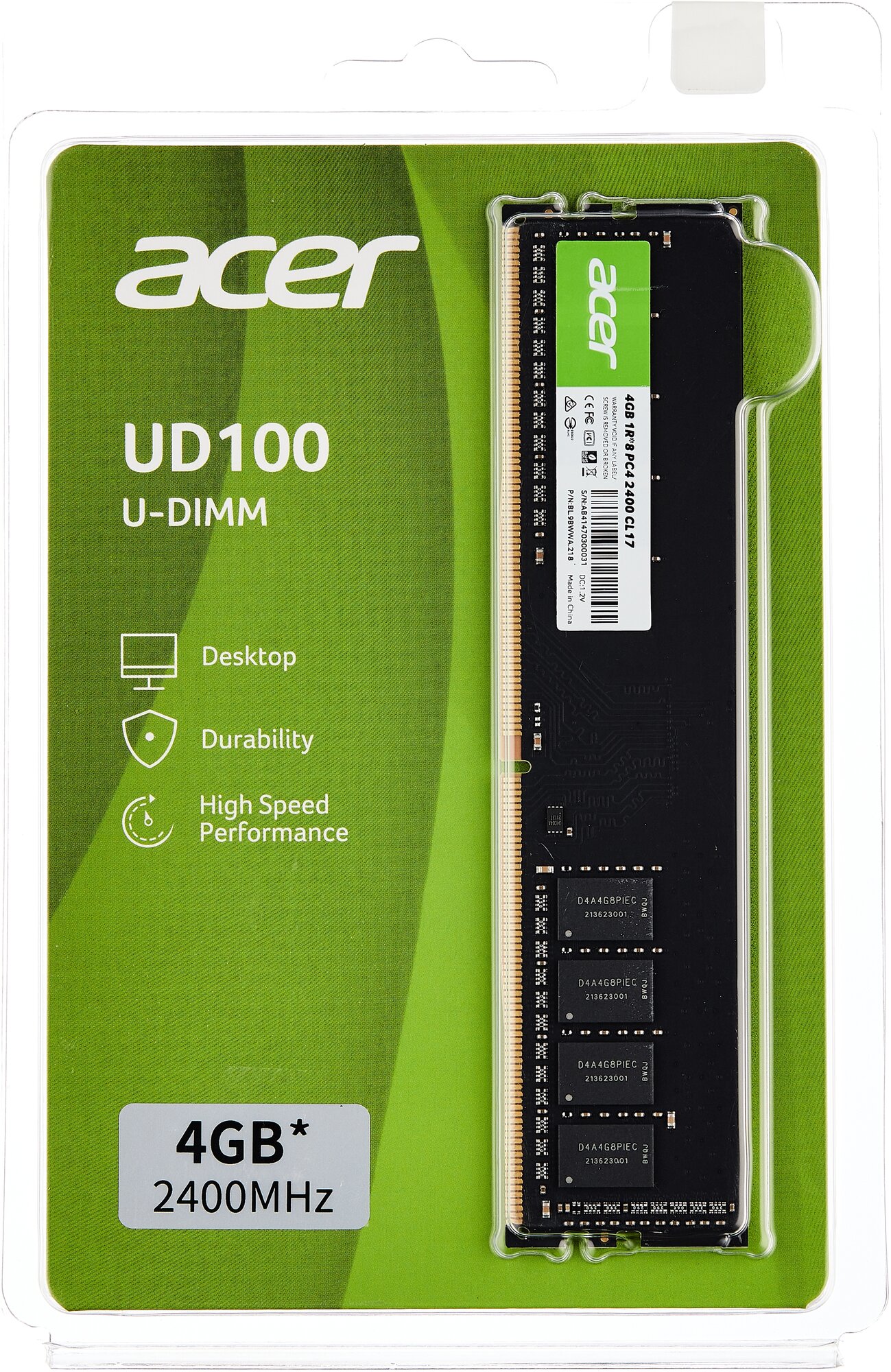 Оперативная память Acer Оперативная память 4Gb DDR4 2400MHz UD100 (BL9BWWA218) 4 Гб DDR4 19200 Мб/с CL17 12 В 1x4 ГБ (BL9BWWA218)