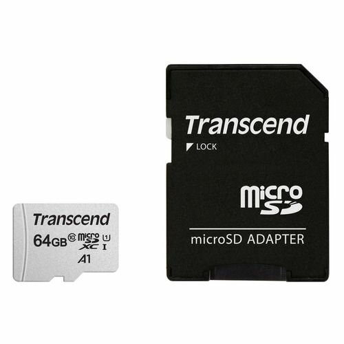Карта памяти microSDXC UHS-I U1 Transcend 64 ГБ, 100 МБ/с, Class 10, TS64GUSD300S-A, 1 шт, переходник SD
