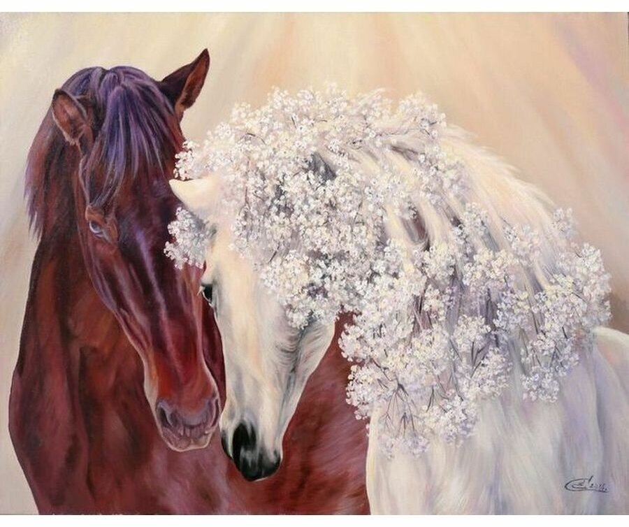 Вышивка крестиком 46х56 - Влюбленная пара лошадей