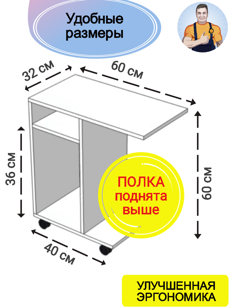 Журнальный столик Пеле подкатной к дивану на колесиках (придиванный, прикроватный, чайный, кофейный) в стиле лофт, 2 полки, 60*60*32 (ШхВхГ), SamSam - фотография № 4