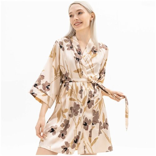 фото Халат женский, домашний kuchenland, р. s, с длинным рукавом, полиэстер, кремовый, лепестки, lilian