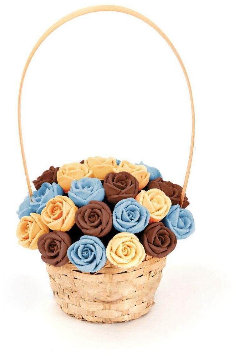 Подарок к пасхе корзинка из 27 шоколадных роз CHOCO STORY - Голубой, Оранжевый и Шоколадный микс из Молочного шоколада, 324 гр. K27-GOSH