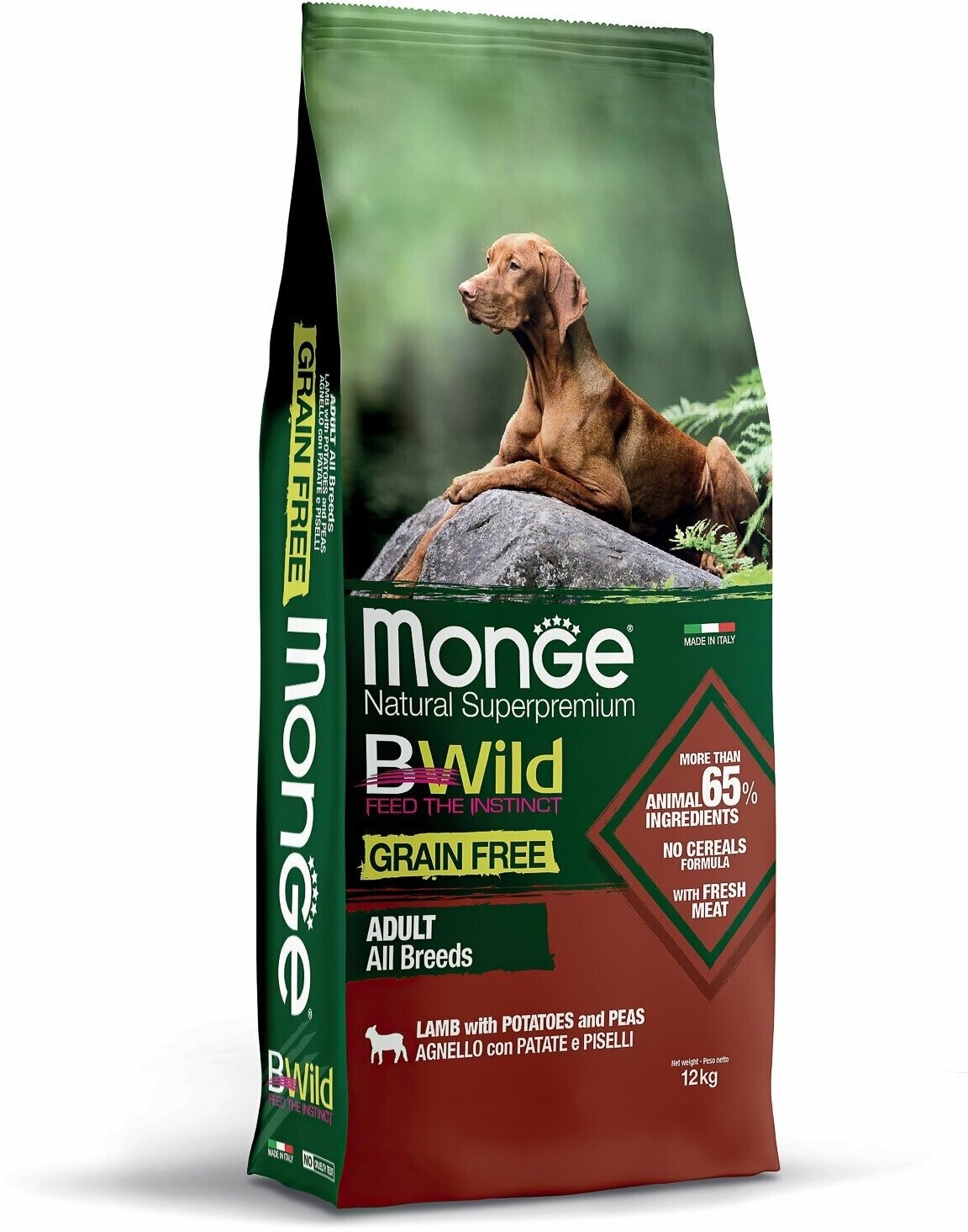 Monge Dog BWild Grain Free Сухой беззерновой корм для собак всех пород, мясо Ягненка, Картофель и Горох 12кг