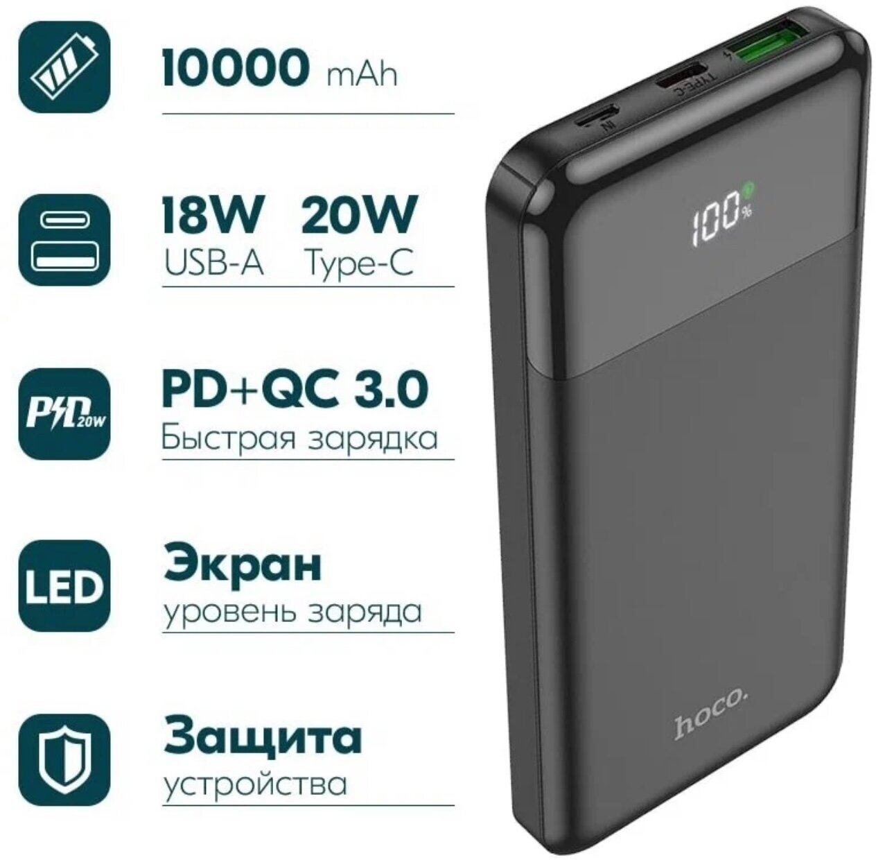 Портативный аккумулятор Hoco J102 Cool Figure, 10000mAh, PD20W, черный