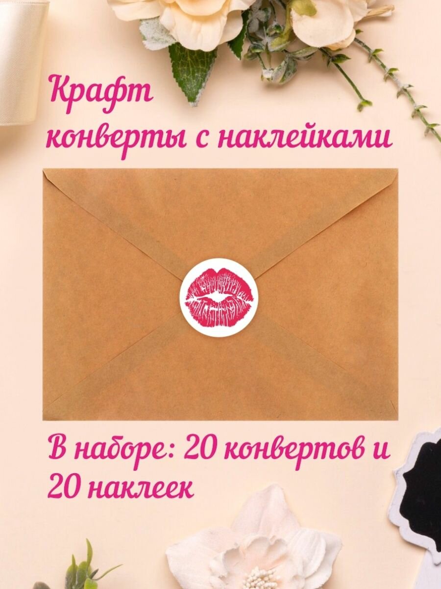 Набор " Амарант" крафтовых конвертов с наклейками "Поцелуйчик"