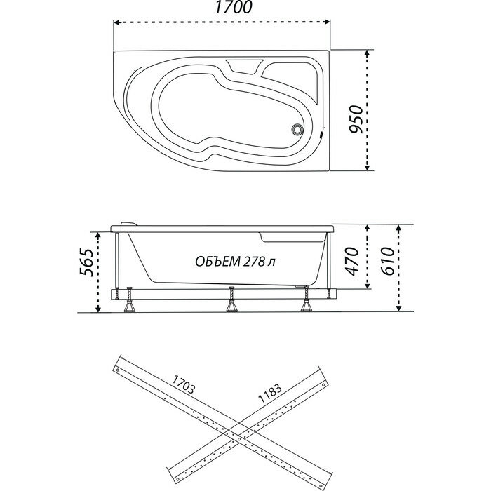 Акриловая ванна Triton София R 170x95 правая, на каркасе (Щ0000046665)