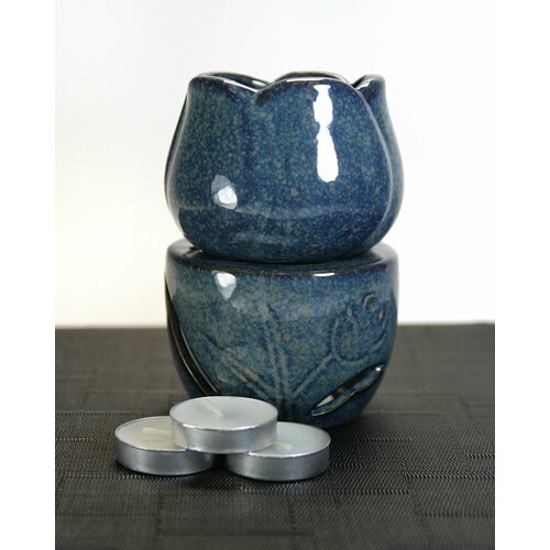 Аромалампа-подсвечник 2 в 1 Синий цветок - 12 см, голубая, керамика + 3 чайные свечи - для аромавоска, эфирных масел, свечей и создания уюта в доме