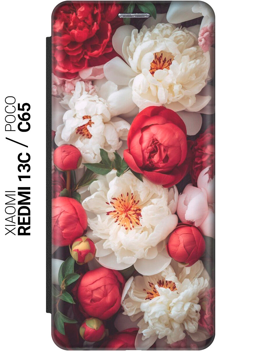 Чехол-книжка на Xiaomi Redmi 13C / Poco C65 / Сяоми Редми 13С / Поко С65 с рисунком "Бабочки и фиалки" золотистый