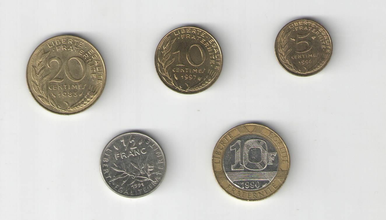 Монеты 5шт, 5, 10, 20 сантимов и 1/2, 10 франков 1983-1997 Франция