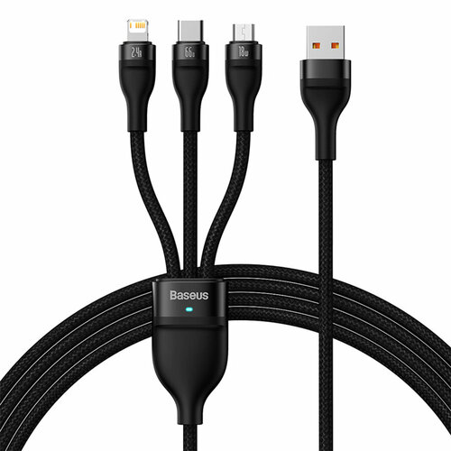 Кабель для айфон USB BASEUS Flash Series Ⅱ 3 в 1 USB - Type-C + Lightning + MicroUSB, 6A, 66W, 1.2 м, черный адаптер call50s 01 baseus ip male to ip