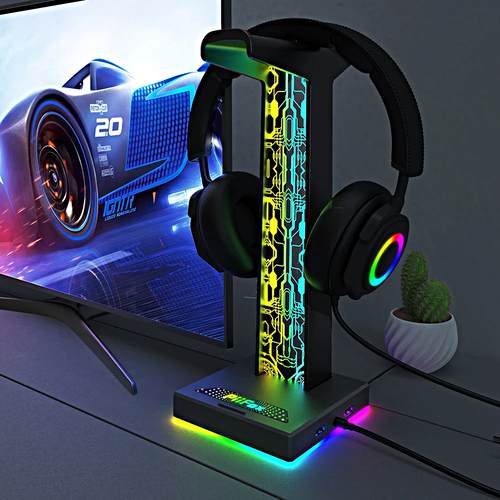 Подставка для игровых наушников с RGB подсветкой HS-1, Подставка универсальная для наушников с mini jack 3,5MM и USB портами, Черный подставка thermaltake argent hs1 rgb алюминиевая для полноразмерных наушников с приятной rgb подсветкой 2 usb 3 0 3 5мм audio jack