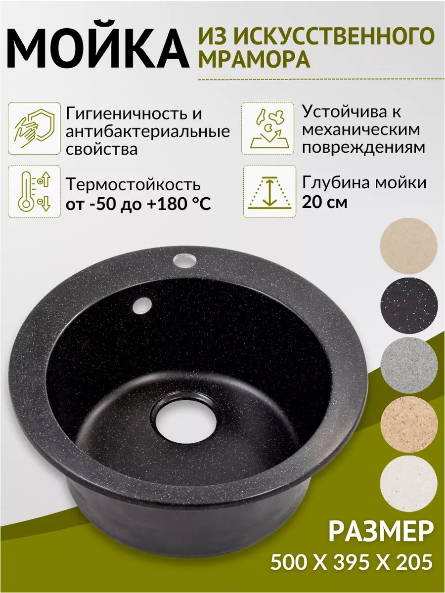Мойка BENEX врезная искусственный мрамор круглая черная матовая 50x50 см