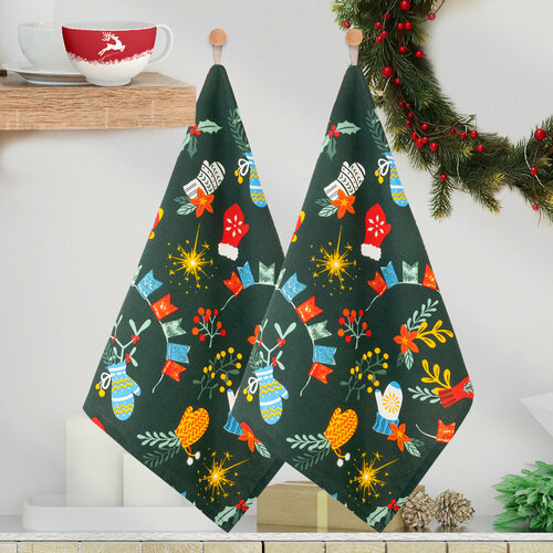 Полотенце кухонное новогоднее набор 2 шт HappyFox Home HF0093SP зеленый варежки 70X45 1038₽