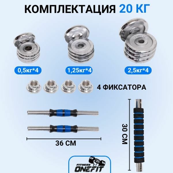 Гантели разборные стальные 2 шт по 10 кг в кейсе с коннектором для штанги, синие, 703-001 — фото 1