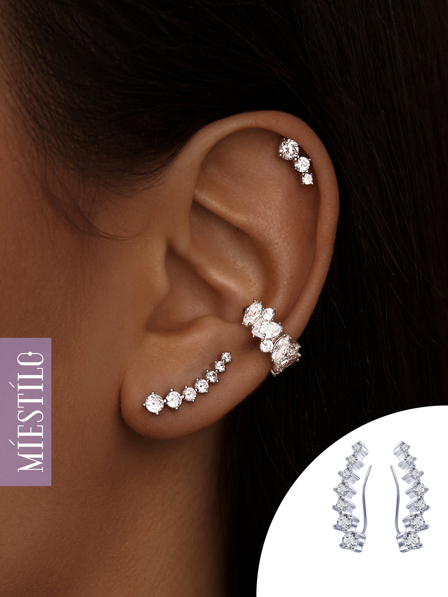 Серьги клаймберы MIESTILO, серебро, 925 проба, родирование, фианит, , серый, белый, серебристый