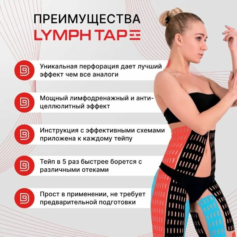 BBTape лимфодренажный тейп для эстетического тейпирования тела (для похудения, улучшения эластичности кожи, от целлюлита, отёков) BB LYMPH TAPE 5см * 5мбежевый