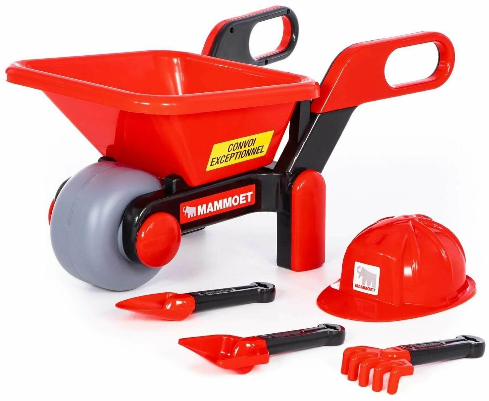 Детская пластмассовая красная тачка+набор инвентаря и каска 