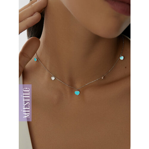 Колье MIESTILO серебро 925 проба родирование эмаль длина 45 см серебристый белый серый бирюзовый 2693₽