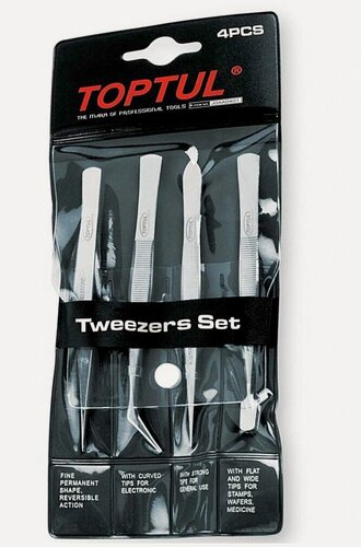 Изображение товара Набор пинцетов 4 предмета TOPTUL сталь 112, 115, 116, 120 мм (JGAA0401)
