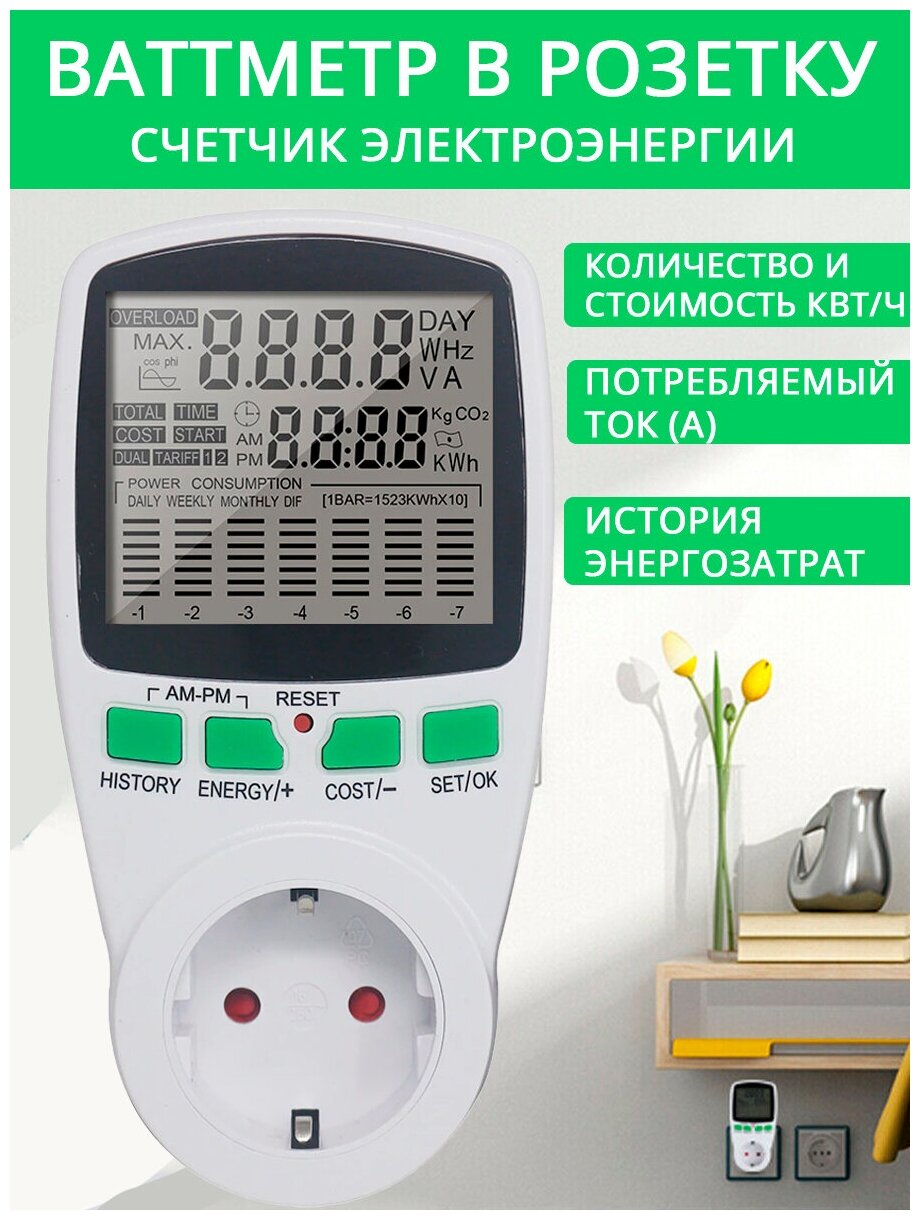 Ваттметр в розетку / счетчик электроэнергии / Co2 метр / амперметр - фотография № 1