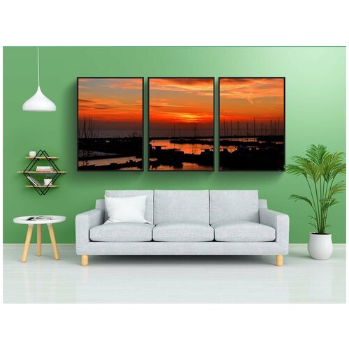 фото Набор модулных постеров для интерьера "заход солнца, море, порт" 60x90 см. в тубусе, без рамки lotsprints