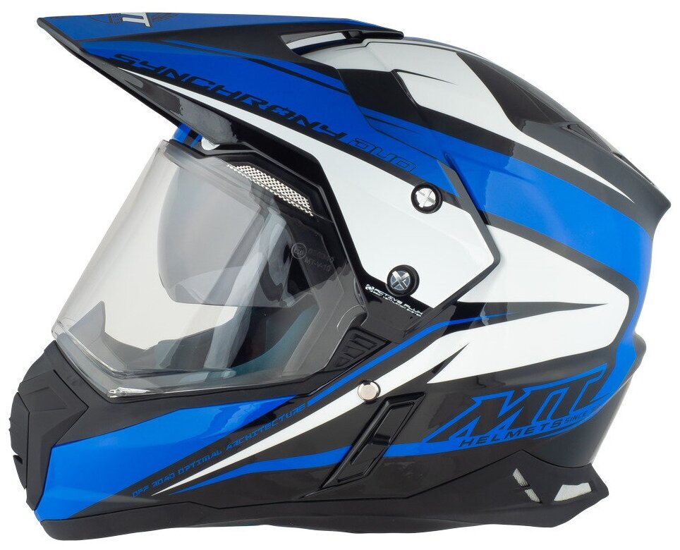 Кроссовый шлем для мотоцикла эндуро с визором MT SYNCHRONY Duo Sport Duality (XS, Gloss Black Blue White)