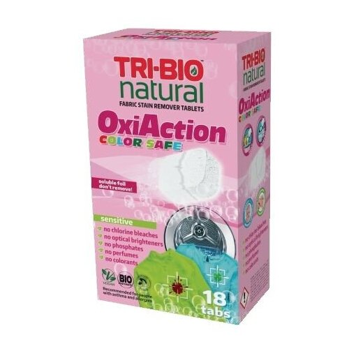 Tri-Bio Натуральные таблетки для стирки с пятновыводителем Oxi-Action для цветного белья, 18 таблеток